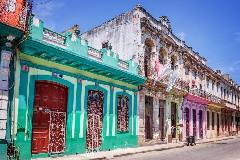 Colourful but crumbling buildings in Havana.